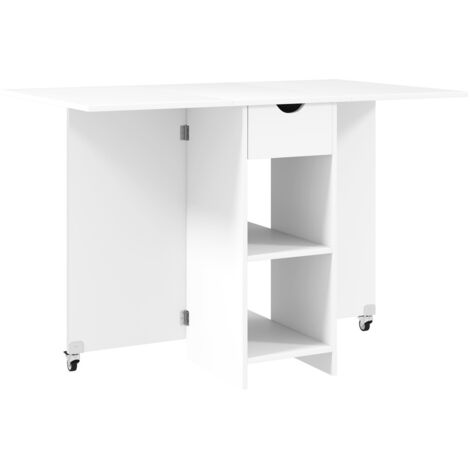 Table extensible-blanc 114,5x70 cm-2 à 4 personnes-1 tiroir-étagères ouvertes-pliable-petits espaces-cuisine-salle à manger