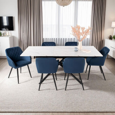 Table extensible blanc mabré + 6 chaises en velours bleu - MINDY