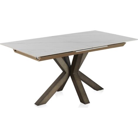 Table extensible blanche céramique effet marbre pieds cuivre - blanc marbré et cuivre élégant