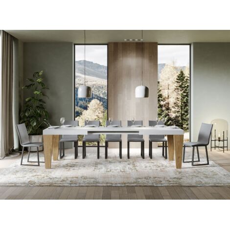 Table extensible blanche et pieds chêne naturel 6 à 12 personnes Kristo L 180 à 284cm-Support 4 pieds