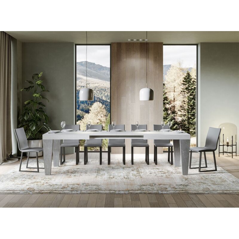 Table extensible blanche et pieds gris béton 6 à 12 personnes Kristo L 180 à 284cm-Support 4 pieds Table extensible blanche et pieds gris béton 6 à 12 personnes Kristo L 180 à 284cm-Support 4 pieds