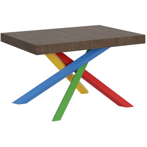 Table extensible design bois foncé et pieds entrelacés multicouleurs L 130 à 234cm Artemis