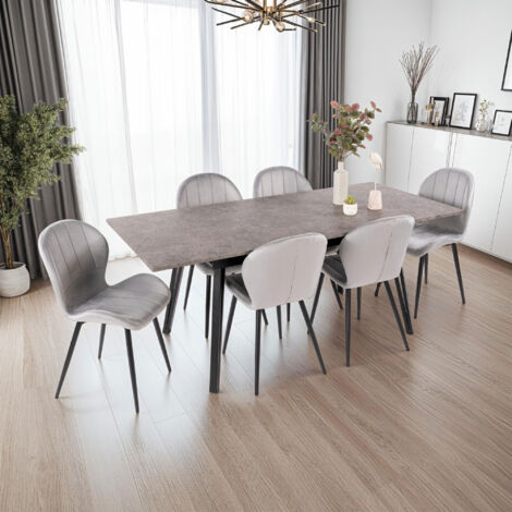 Table extensible effet granit + 6 chaises en velours gris