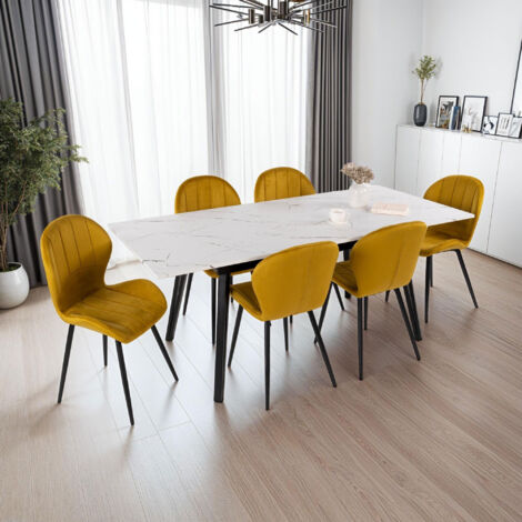 Table extensible effet marbre blanc + 6 chaises en velours moutarde