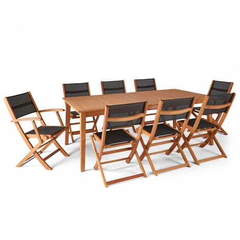 Table de jardin rectangulaire en bois FSC extensible avec 6 chaises et 2 chaises avec accoudoirs pliantes