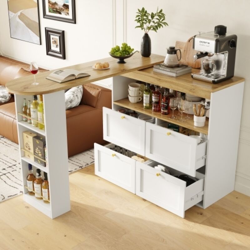 Table extensible et pivotante à 360° avec rangement, 4 tiroirs avec étagères, porte-épices, en MDF, blanc