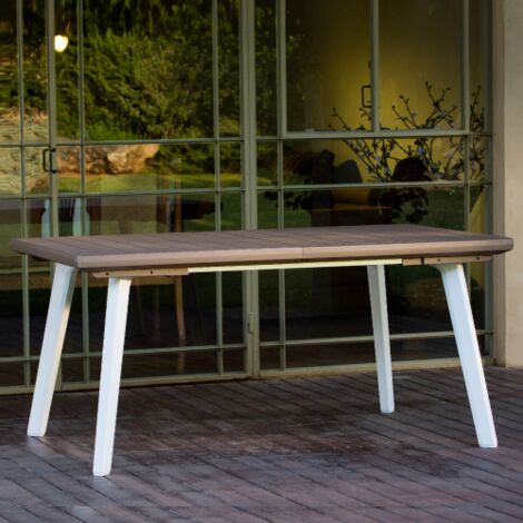 Table extensible Harmony en re'sine antichoc et lattes effet bois blanc/gris tourterelle 160/240x100x74 cm pour jardin exte'rieur