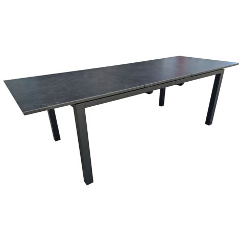 Table extensible MELODIE – Aluminium époxy graphite – Plateau céramique 6 mm – Dimensions 180/240 x 90 cm – Capacité 6 à 8 personnes – Proloisirs