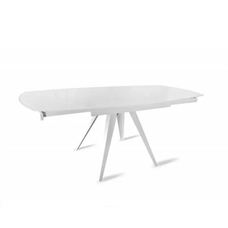 Table extensible ovale 120/180 cm en verre trempé blanc – Mécanisme rotatif intégré – Accueille jusqu'à 8 personnes – Structure métal époxy – Meubletmoi