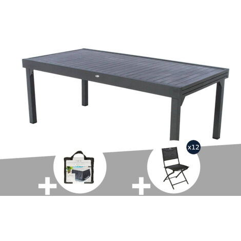 Table extensible rectangulaire alu Piazza 10/12 places Graphite + Housse + 12 chaises Modula  - Hespéride