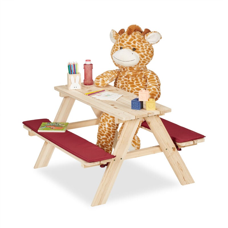 Table extérieure pour enfants, banc de pique-nique, h x l x p : 50x89x79 cm, coussins, bois, nature - rouge - Relaxdays