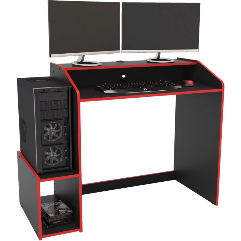 Table Gamer Legend Noir et Rouge Style Moderne 116 cm 1 Etagère avec mezzanine pour paravent Mélamine