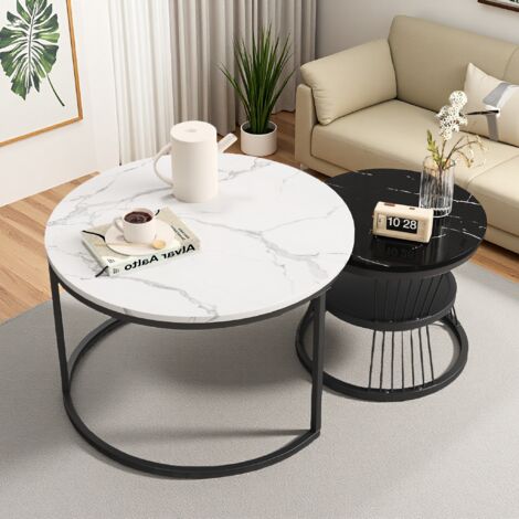 Table gigogne 2 pièces, table basse extensible, ronde, moderne, motif marbre, avec structure en métal, idéale pour la chambre, le salon, le balcon ou le jardin. Noir et blanc (livraison locale, garant