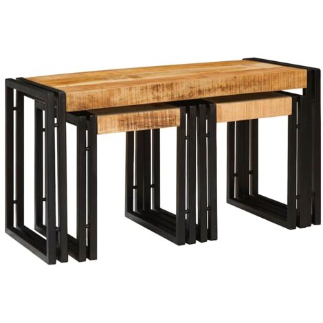 Table Gigogne 3 pcs Bois de mangue solide rugueux et un métal CFW354463