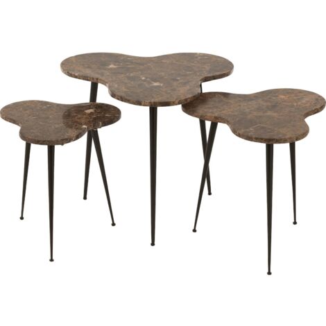 Table gigogne abeille en marbre marron et métal noir design - Marbre marron veiné et métal noir