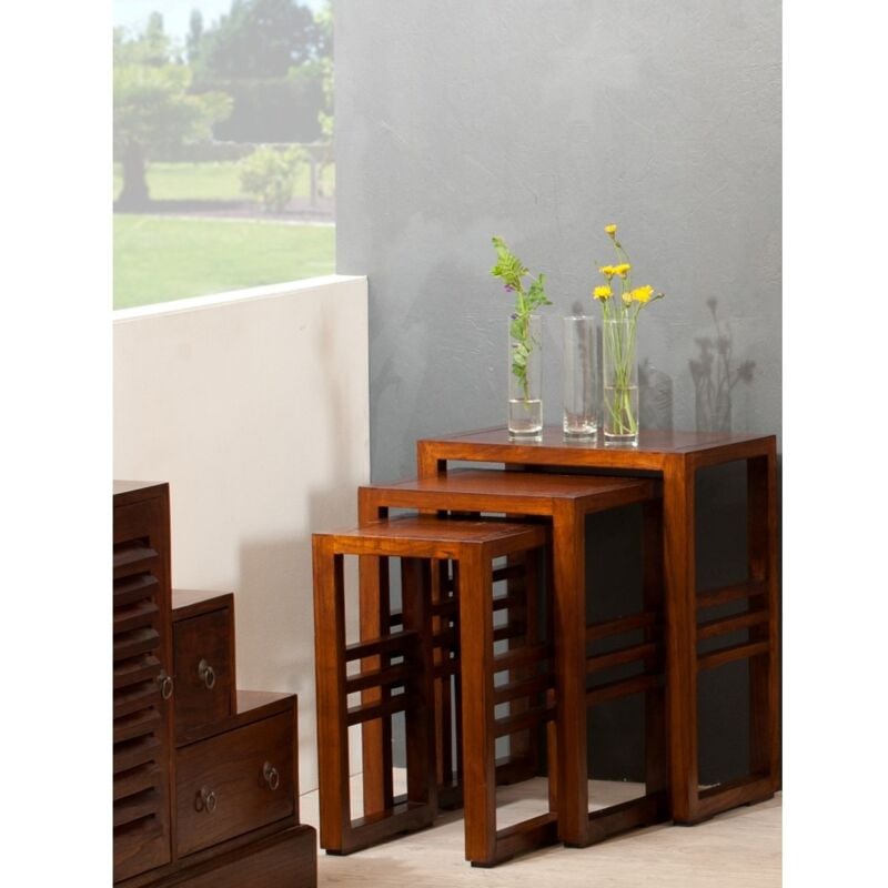 Macabane - eden - Set de 3 tables gigognes rectangulaires marrons bois Mindi