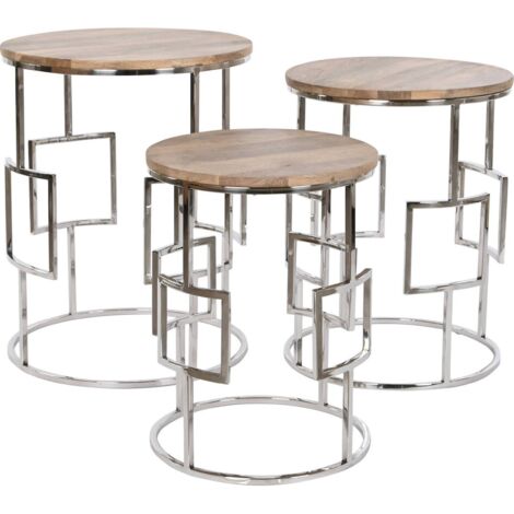 Table gigogne design en mango et acier pour salon moderne - Marron argenté chromé
