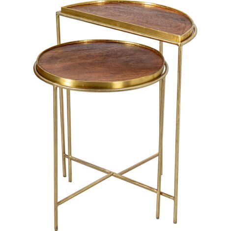 Table gigogne élégance métal doré et bois salon - Doré patiné avec plateau en bois foncé