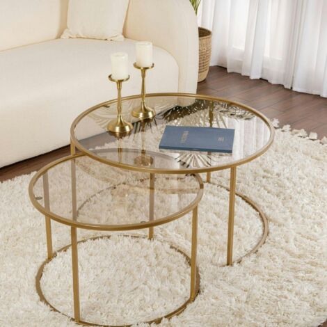 Table gigogne verre ambré - cadre doré (lot de 2) ⌀80 cm TULUM