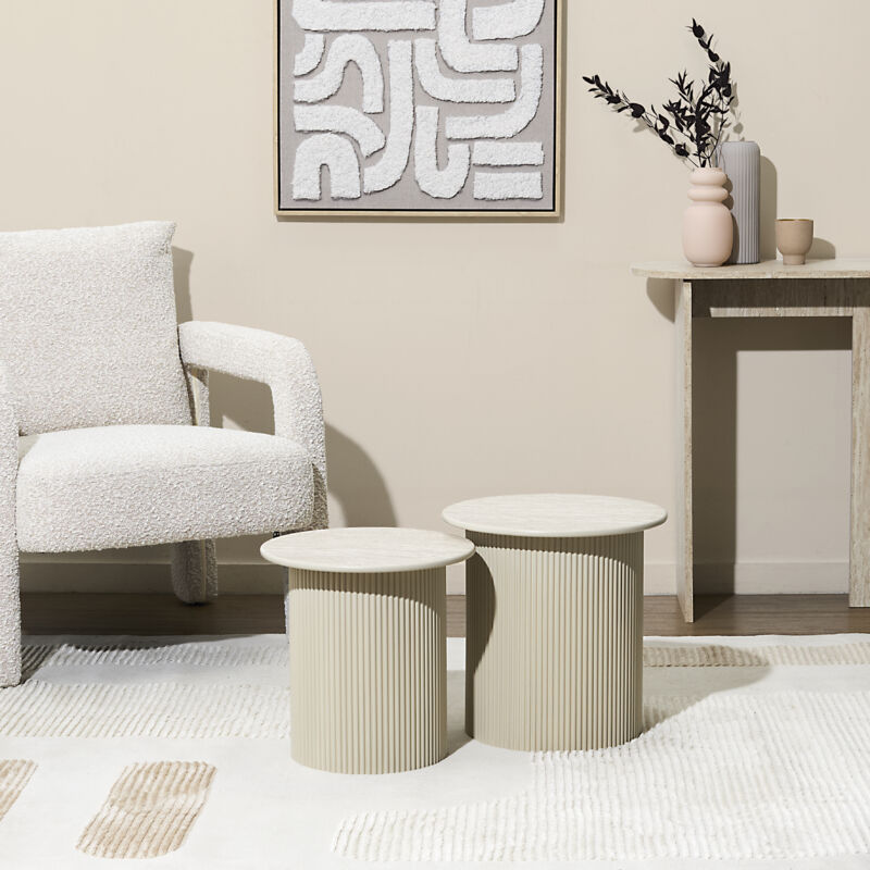 Lot De 2 Tables D'appoint - Home Deco Factory - Terra Nova - Gigognes - Blanches Et Beiges Lot De 2 Tables D'appoint - Home Deco Factory - Terra Nova - Gigognes - Blanches Et Beiges