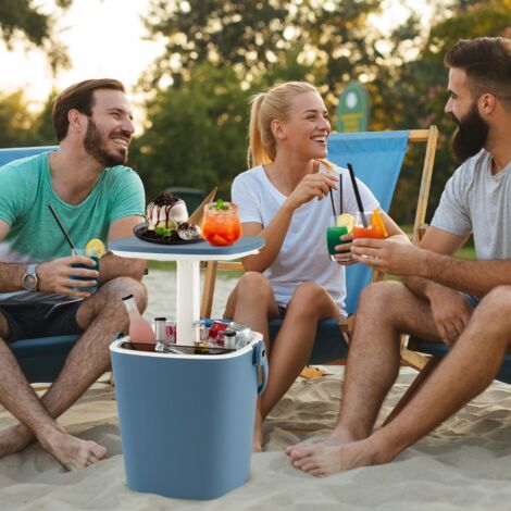 Table Glacière 15L Jardin 3 en 1 avec Couvercle Relevable Seau à Glace PP Bleu CW80218