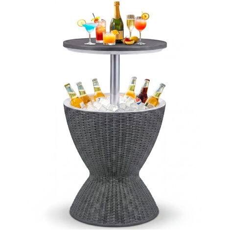 Table Glacière 30L pour Jardin 2 en 1 avec Plateau Relevable, Seau à Glace Imitation Rotin pour Cocktails Bière,  Ø 43 x 57,5-82 cm, Gris