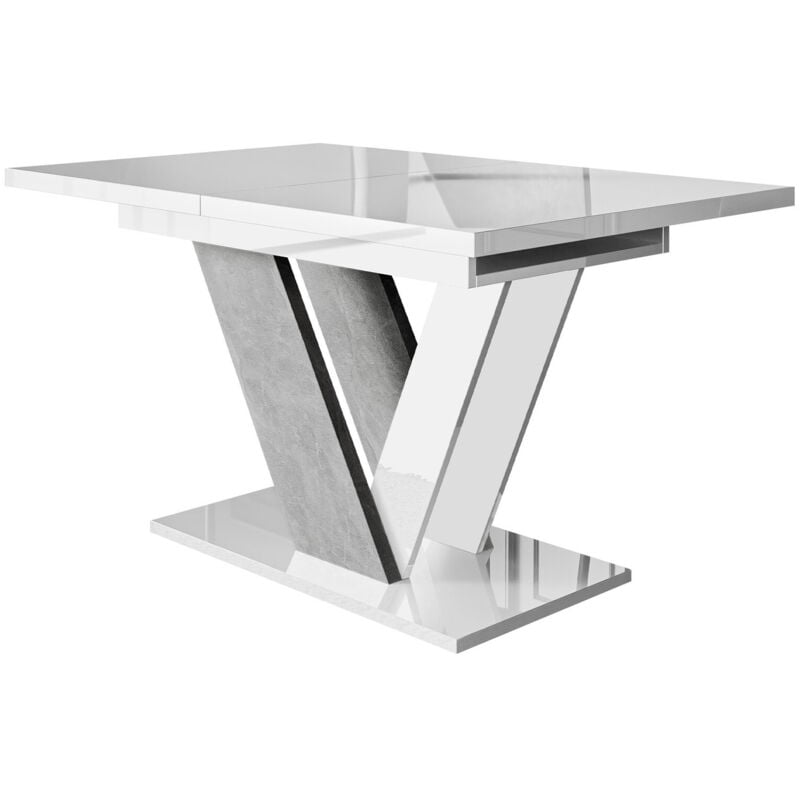 Mobilier1 - Table Goodyear 131, Blanc brillant + Béton, 76x80x120cm, Allongement, Stratifié