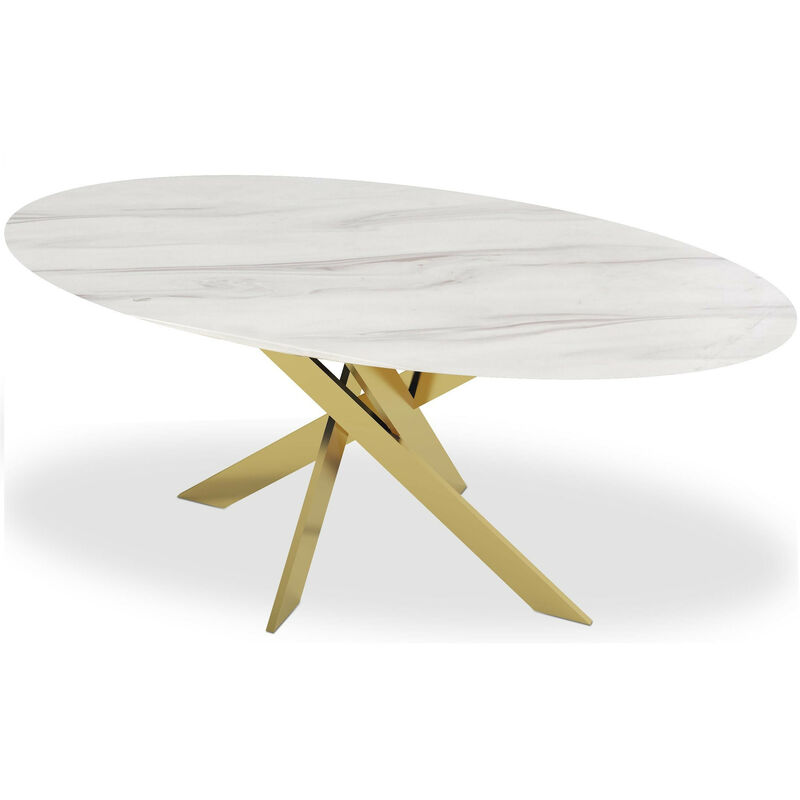 Les Tendances - Table à manger verre effet marbre blanc et pieds métal doré Nelly L 180 cm