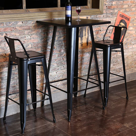 Table Haut Bois et Acier Table de Bar Carrée Design Industriel 60x60x110cm Noir