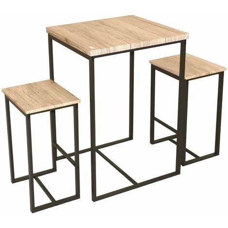 URBAN LIVING Table haute avec 2 tabourets en bois avec struture industrielle en métal noir 60x60xh88cm et 40x30x60cm