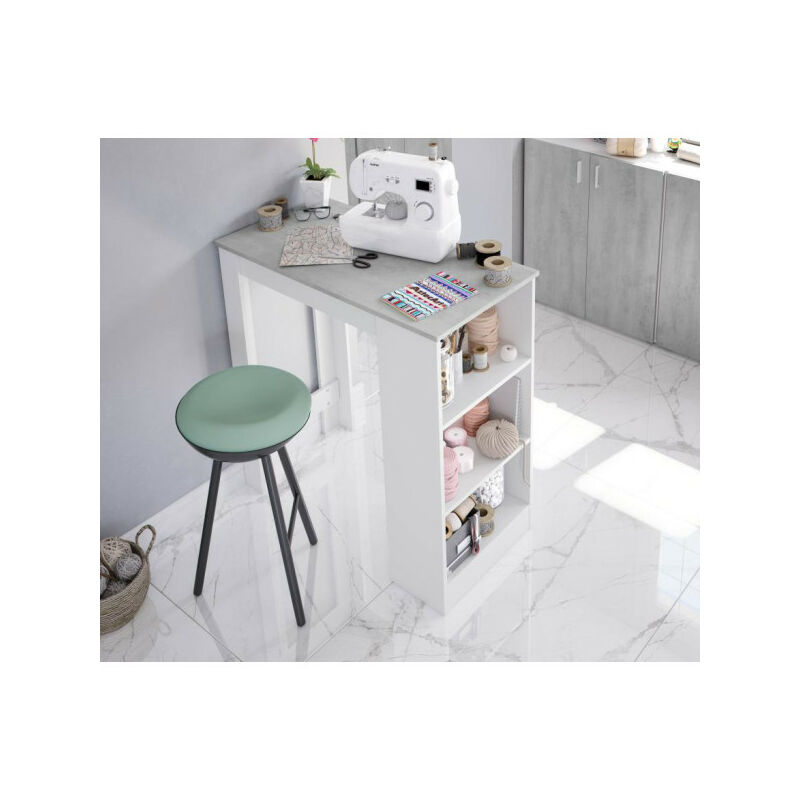 Table haute avec rangements Blanc/Béton - siminti - l 103 x l 50 x h 105 cm