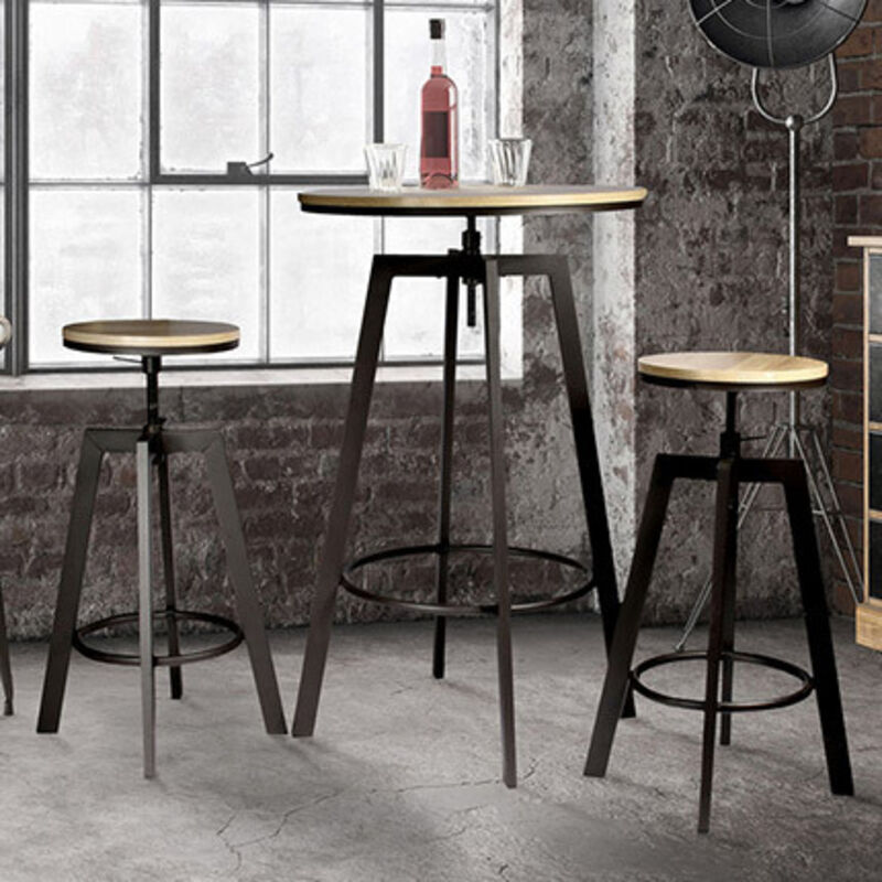 The Home Deco Factory - Ensemble table et 2 tabourets en bois naturel et métal gris