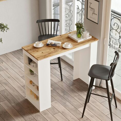 Table haute blanche cuisine avec plateau effet bois MARFA