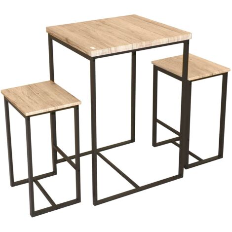 Table haute carrée 60x60cm – 2 tabourets en bois MDF et métal noir – Hauteur 88cm – Charge max 100kg – Pour petits espaces – Urban Living
