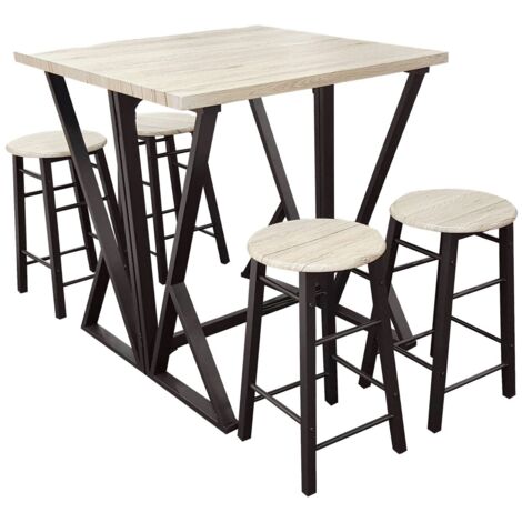 Table haute carrée pliante 80x80cm – 4 tabourets ronds 30cm – Métal noir et bois effet chêne – Pour petits espaces – Urban Living
