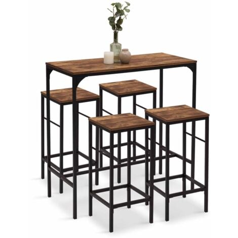 Table haute de bar DAYTON 100 cm et 4 tabourets bois foncé effet vieilli et noir design industriel