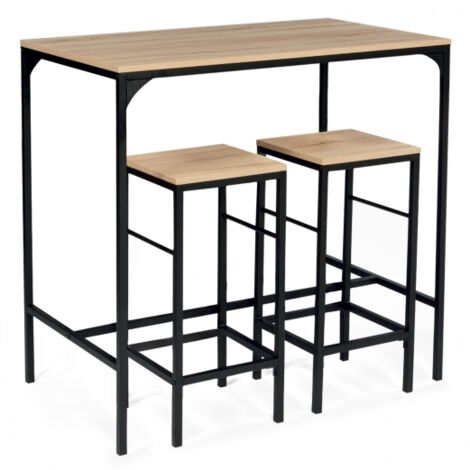 Table haute de bar DETROIT 100 cm et 2 tabourets design industriel - Bois clair