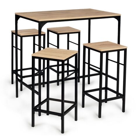 Table haute de bar DETROIT 100 cm et 4 tabourets design industriel - Naturel