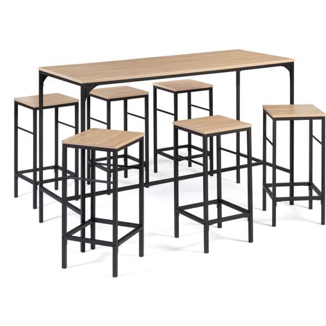 Table haute de bar DETROIT 150 cm et 6 tabourets design industriel - Multicolore