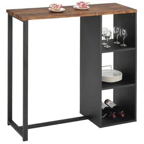 Table haute de bar PIAVA mange-debout comptoir avec 3 étagères dont 1 porte-bouteilles, en métal noir et MDF décor chêne sauvage - Brun