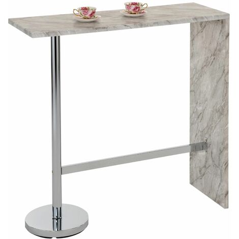 Table haute de bar RICARDO mange-debout comptoir piètement métal chromé, plateau en MDF décor gris mat