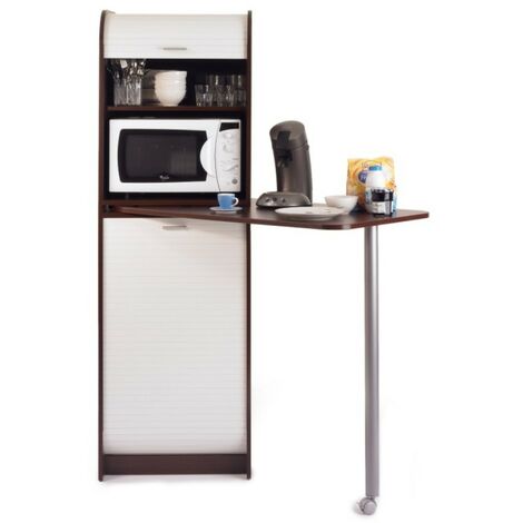 Table haute de cuisine pivotante et rangement bois wengué et blanc Snack 131cm