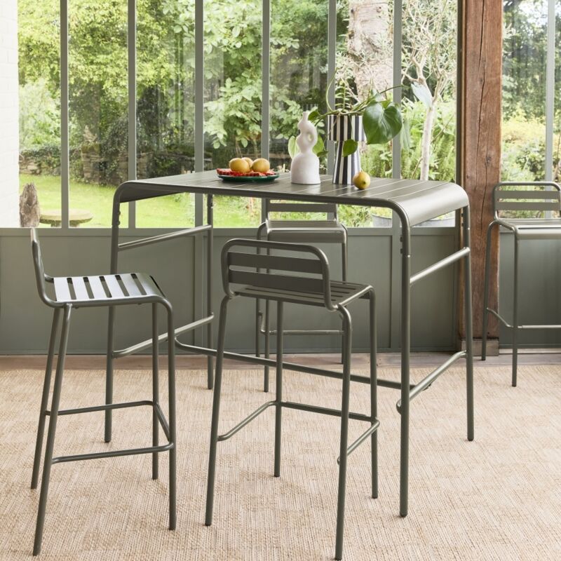 Sweeek – Ensemble table haute rectangulaire 4 places en acier – Traitement antirouille – Chaises empilables – Dimensions 120 x 70 x 95cm