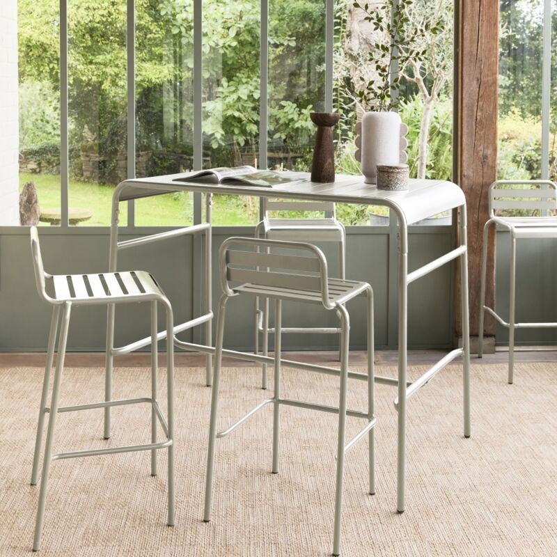 Table haute de jardin acier + 4 assises AMELIA beige. 4 chaises hautes en acier. 120 x 70cm x 95cm