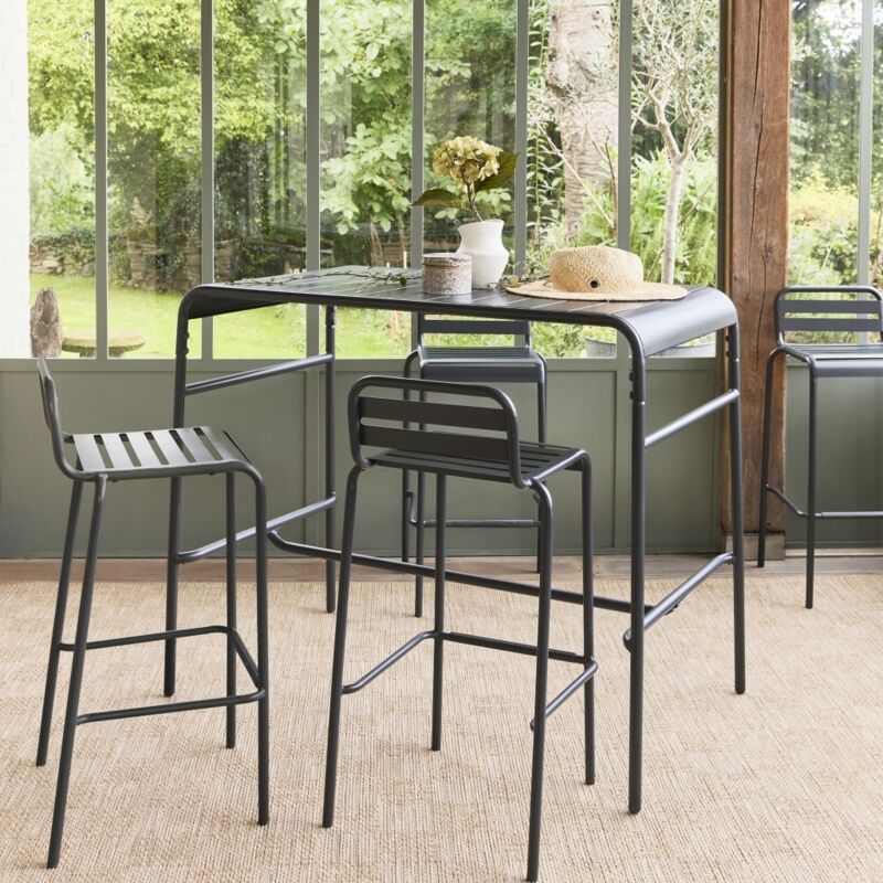 Table haute de jardin acier + 4 assises AMELIA anthracite. 4 chaises hautes en acier. 120 x 70cm x 95cm