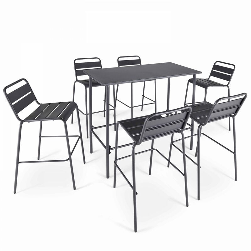 Ensemble table haute de jardin et 6 chaises en métal gris - Palavas