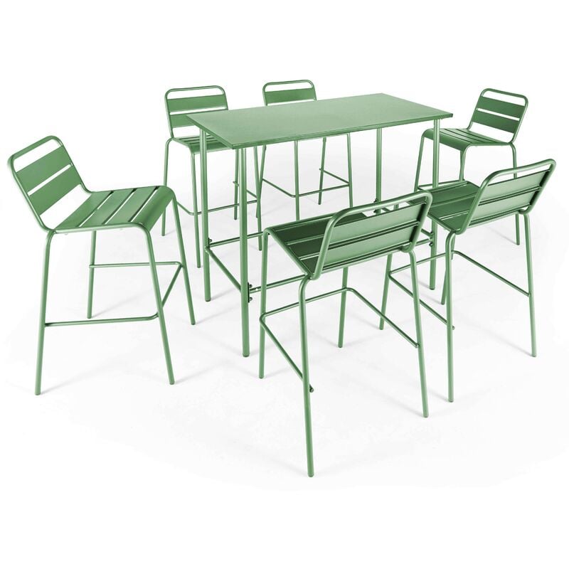 Oviala - Ensemble table haute de jardin et 6 chaises en métal vert cactus - Palavas