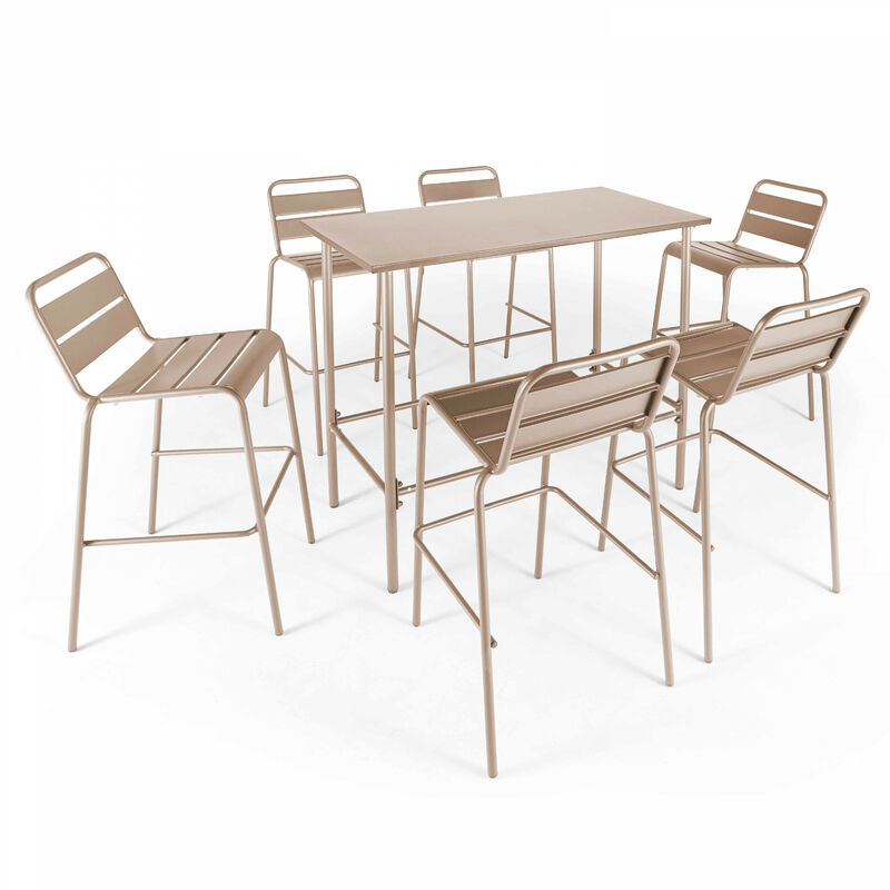 Ensemble table haute de jardin et 6 chaises en métal taupe - Palavas