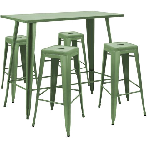 Table haute de jardin et 4 tabourets en métal vert cactus