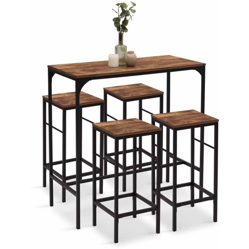 Table haute de bar dayton 100 cm et 4 tabourets bois foncé effet vieilli et noir design industriel